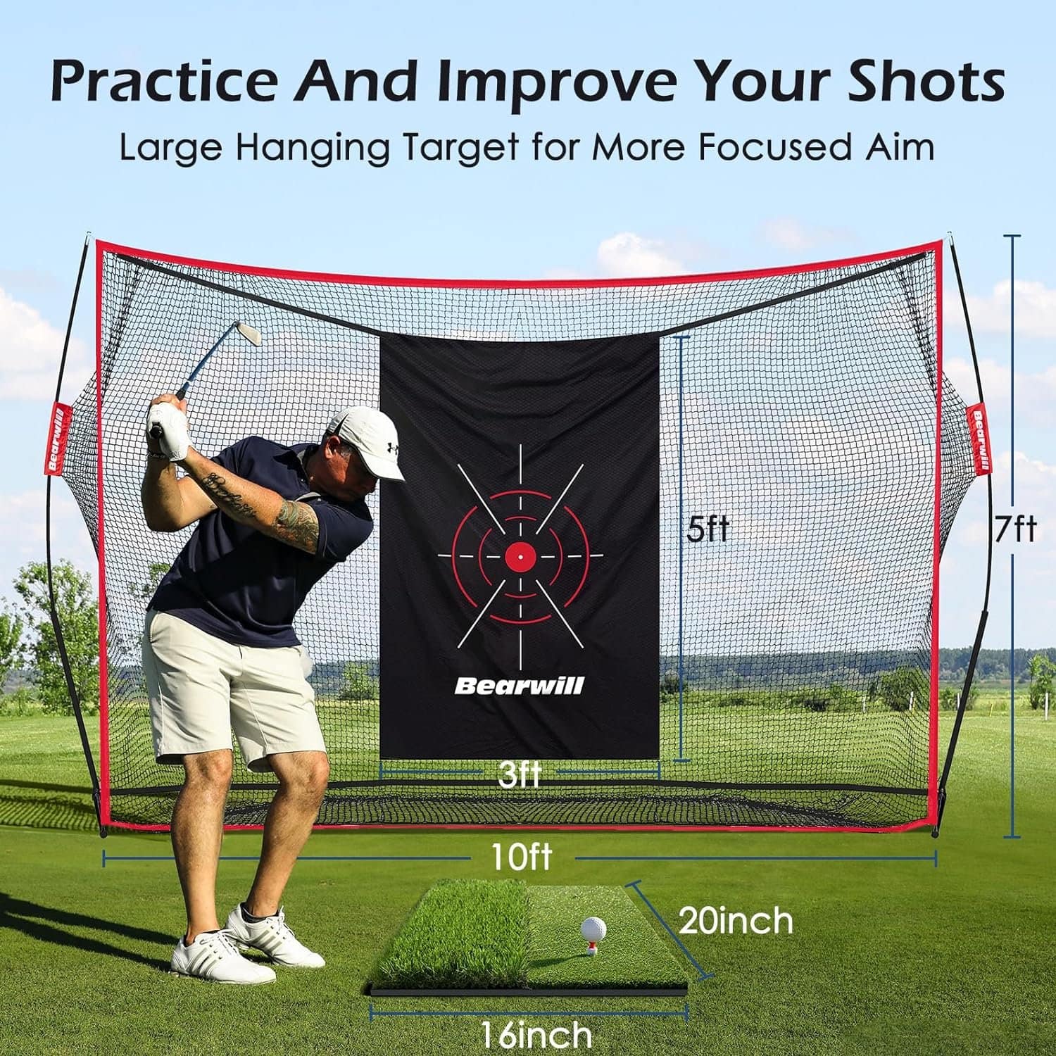 Bearwill Golf Net, 10x7ft Heavy Duty Golf Practice Net with Golf Mat, Target Cloth, 8 Golf Tees, 6 Golf Balls, Carry Bag, Golf Training Net for Backyard Driving Chipping Indoor Outdoor Training Bearwill Golf Net, 10x7ft Heavy Duty Golf Practice Net with Golf Mat, Target Cloth, 8 Golf Tees, 6 Golf Balls, Carry Bag, Golf Training Net for Backyard Driving Chipping Indoor Outdoor Training