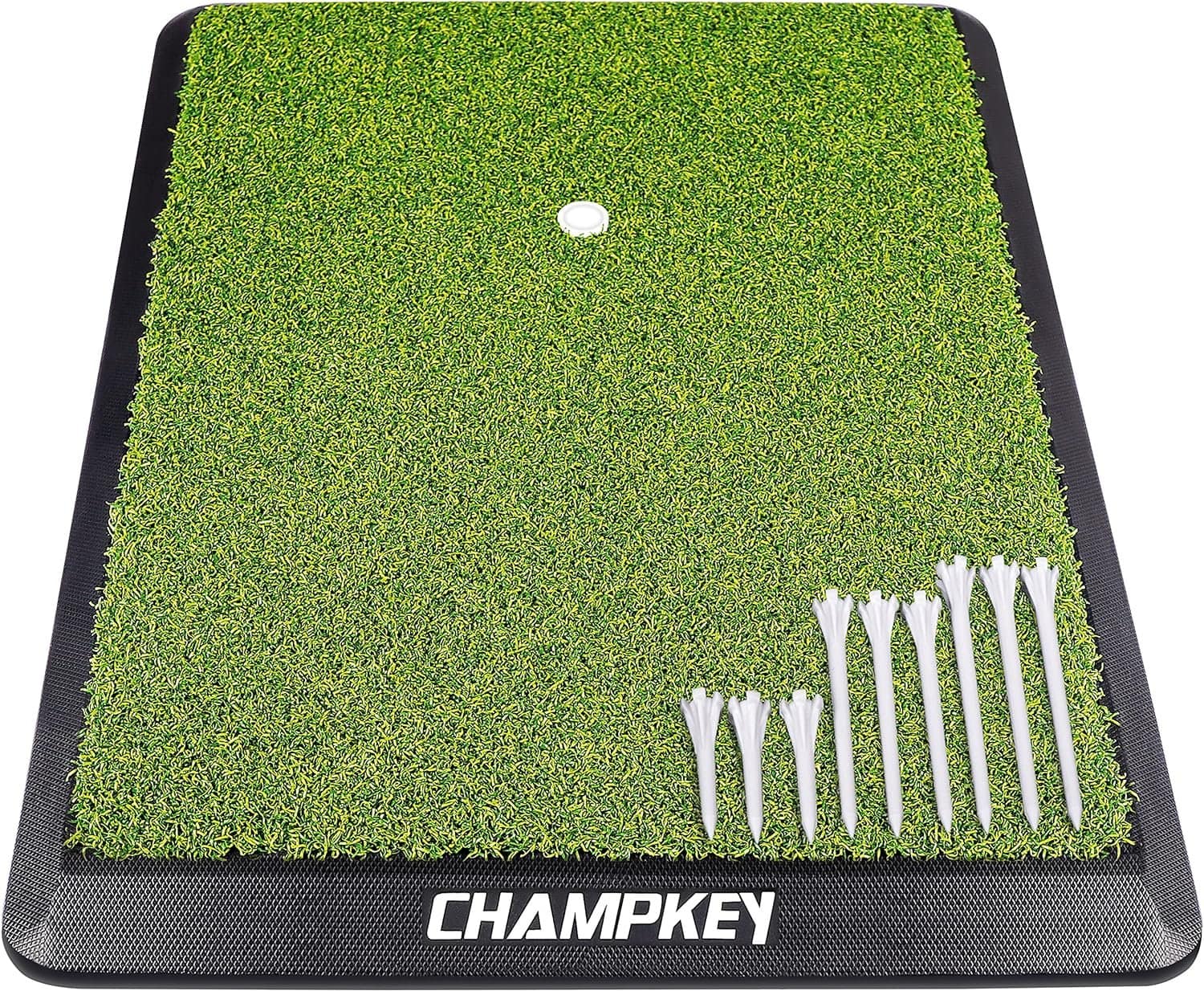 CHAMPKEY Premium Synthetic Turf Golf Hitting Mat | Heavy Duty Rubber Base Golf Practice Mat | Come with 1 Rubber Tee and 9 Plastic Tees CHAMPKEY Premium Synthetic Turf Golf Hitting Mat | Heavy Duty Rubber Base Golf Practice Mat | Come with 1 Rubber Tee and 9 Plastic Tees